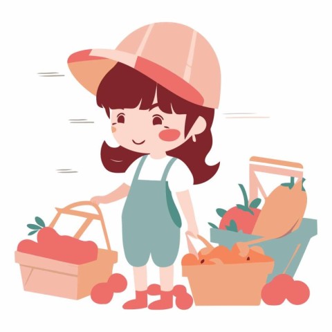 Illustration of a Cute Little Girl Carrying a Grocery Bag