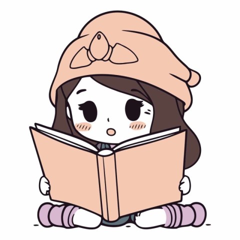 Illustration of a girl reading a book while wearing a hat.