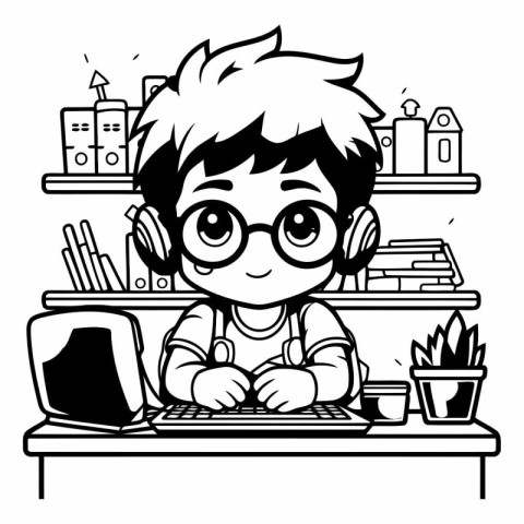 Boy with glasses and a computer. Black and white vector illustra