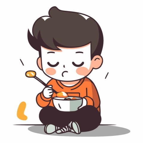 Illustration of a Kid Eating a Bowl of Noodles.