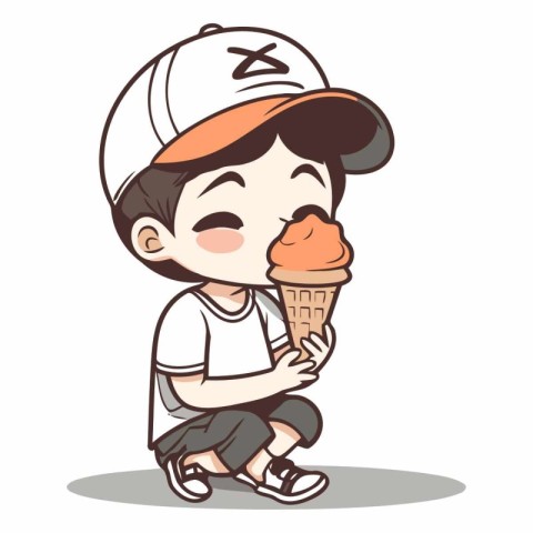Boy eating ice cream cartoon vector illustration. Cute boy eatin