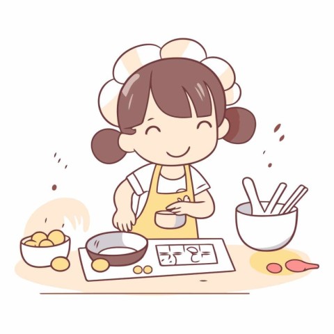 Girl cooking in the kitchen. Cute cartoon character.