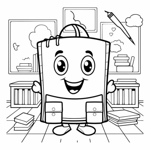 Black and White Cartoon Illustration of School Bag Character Sta