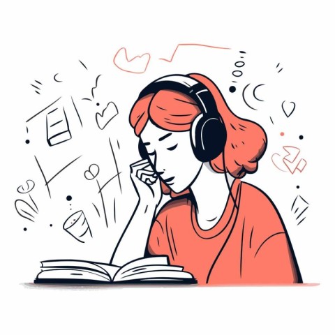 Vector illustration of a young woman listening to music with hea