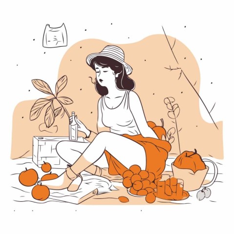 Illustration of a girl in a hat sitting on the ground with fruit