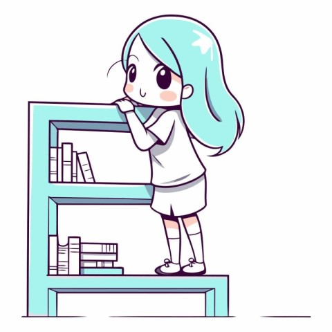 Cute little girl standing on the bookshelf and thinking.