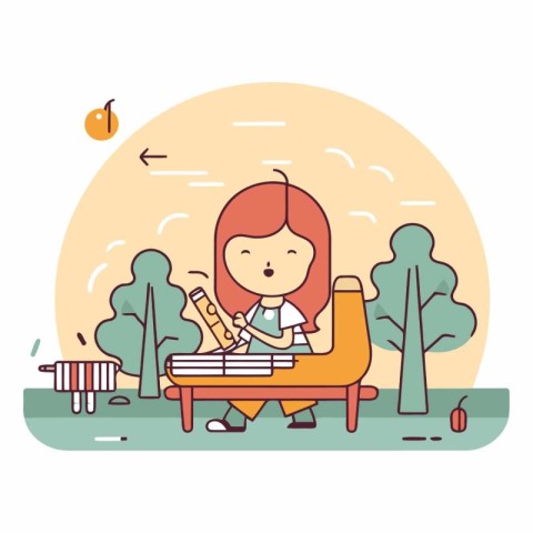 Girl playing the guitar in the park. Flat style vector illustrat