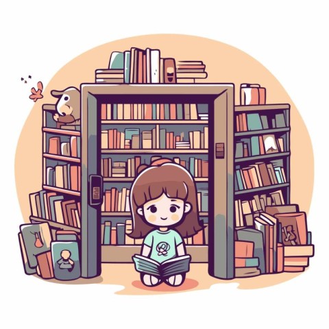 Cute little girl reading a book in the library.