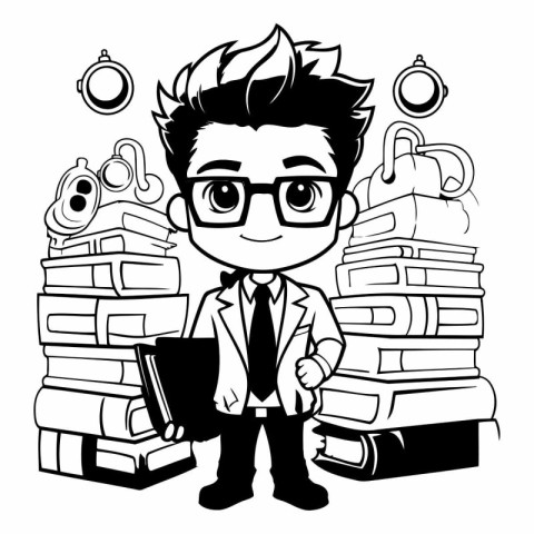 Cartoon boy with pile of books. Black and white vector illustrat