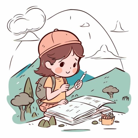 Illustration of a Little Girl Studying in the Mountains with a B