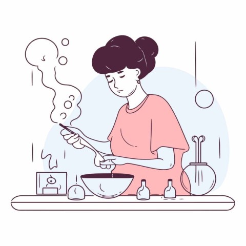 Woman cooking in the kitchen in a flat style.