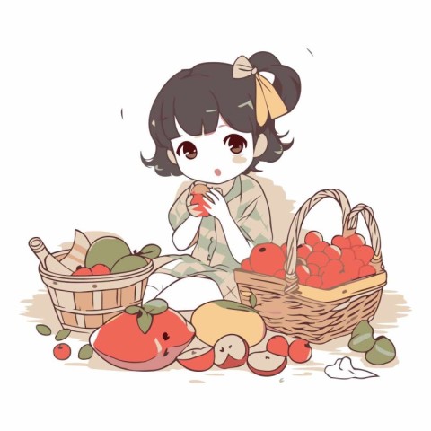 A cute little girl with a basket full of fruits and vegetables.