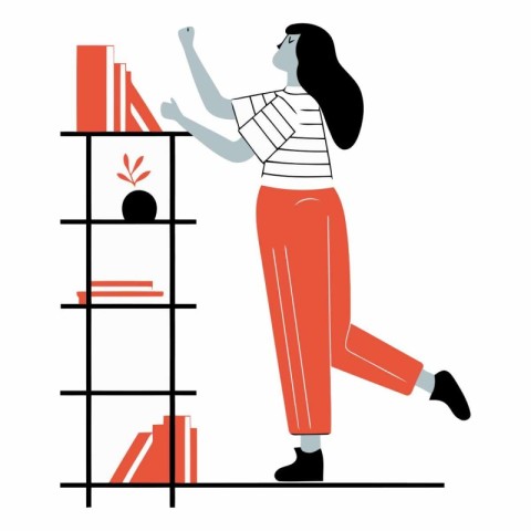 Vector illustration of a woman standing in front of bookshelf.