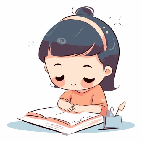 Illustration of a Cute Little Girl Studying in a Book