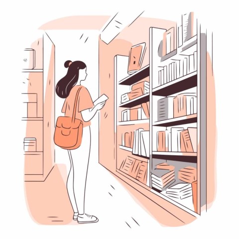 Woman standing in library and looking at bookshelf