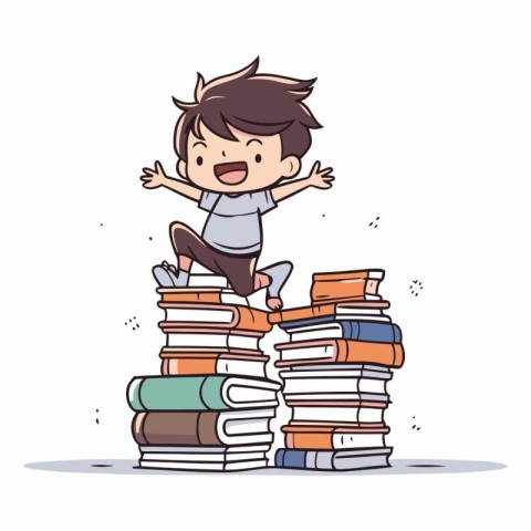 boy jumping on pile of books in cartoon style.