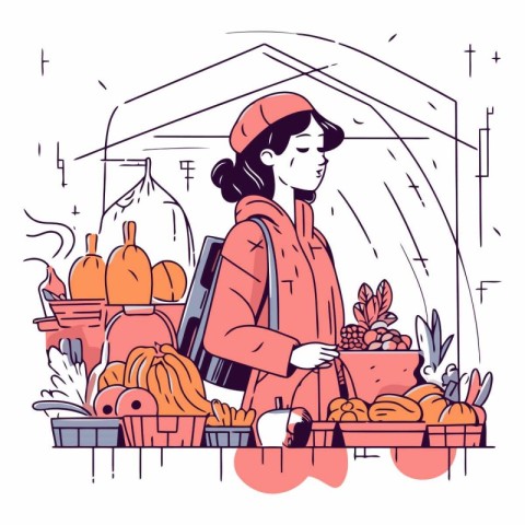 Vector illustration of a woman shopping at the supermarket. Sale