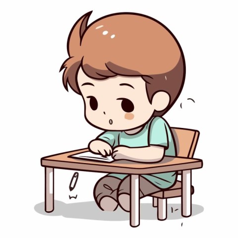 Boy writing in a notebook of a boy sitting at the table.