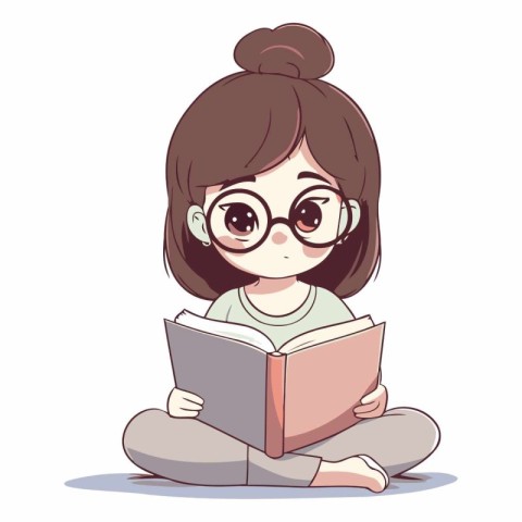 Cute little girl in glasses reading a book.