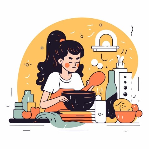 Cute girl washing dishes in the kitchen. Flat vector illustratio