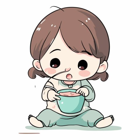 Illustration of a Cute Little Girl Eating a Bowl of Soup