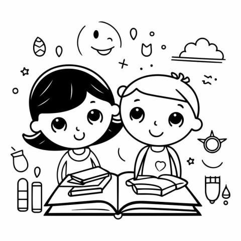 Boy and girl reading a book. Black and white vector illustration