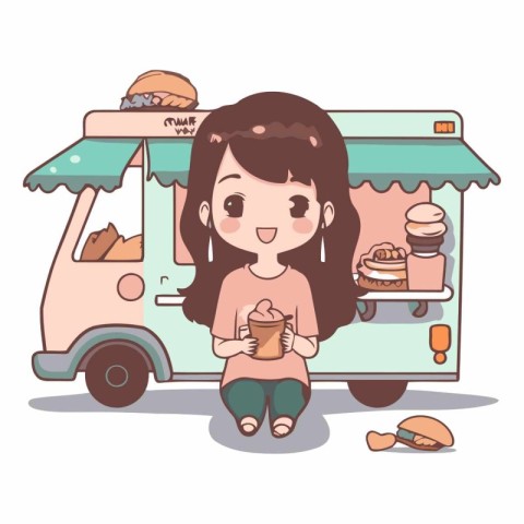 Cute little girl eating ice cream in a truck.