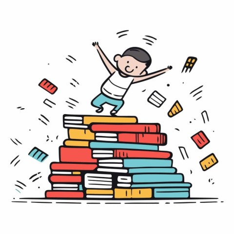 Happy boy jumping on pile of books. doodle vector illustration