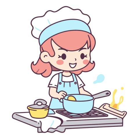 Illustration of a cute cartoon chef girl cooking in the kitchen.