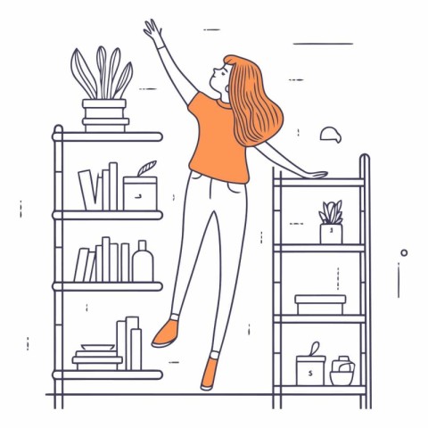 Vector line art illustration of young woman standing on bookshel