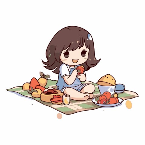 Cute little girl eating fruit on a picnic.