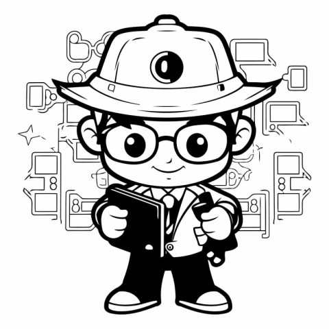 Black and White Cartoon Illustration of Cute Kid Detective Holdi