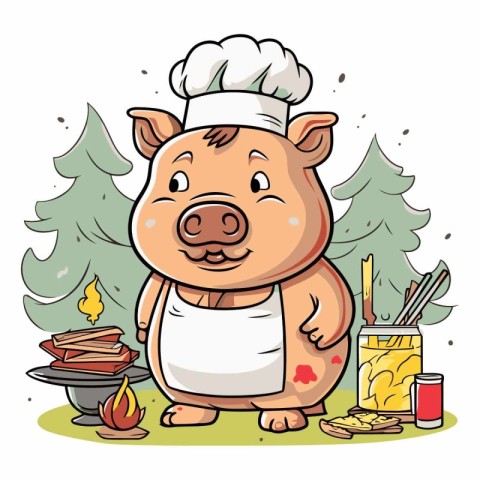 Illustration of a Cute Pig Wearing a Chef's Hat and Cooking in t