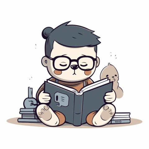 illustration of a boy reading a book with eyeglasses.