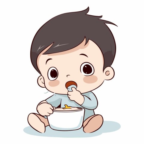 Cute little baby boy eating from a bowl.