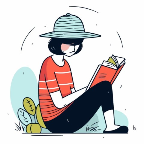 Vector illustration of a young woman reading a book sitting on t