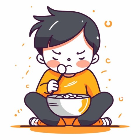 Illustration of a boy eating a bowl of cereals.