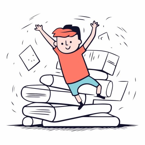 Happy boy jumping on pile of books in sketch style