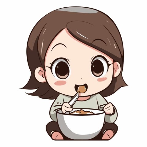 Illustration of a Cute Little Girl Eating a Bowl of Food