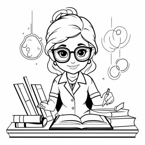 Vector illustration of a cute little schoolgirl doing homework.