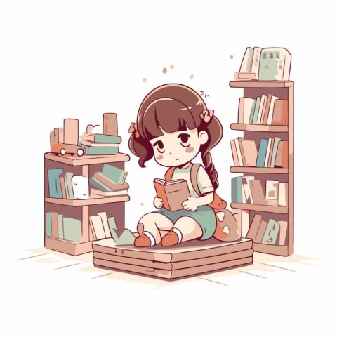 Cute little girl reading a book in library.