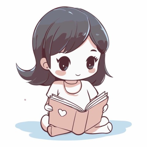 Illustration of a Cute Little Girl Sitting and Reading a Book