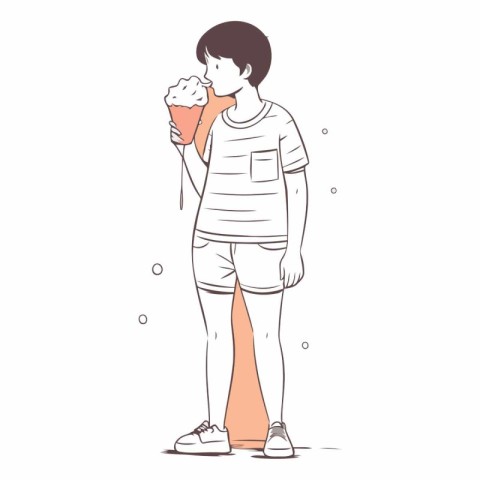 Young man eating ice cream in line art style.