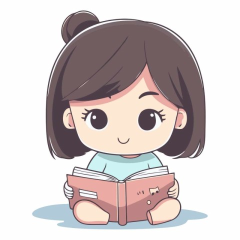 Cute little girl reading a book in cartoon style.