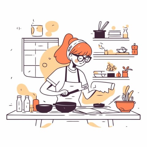 Young woman cooking in the kitchen in cartoon style.