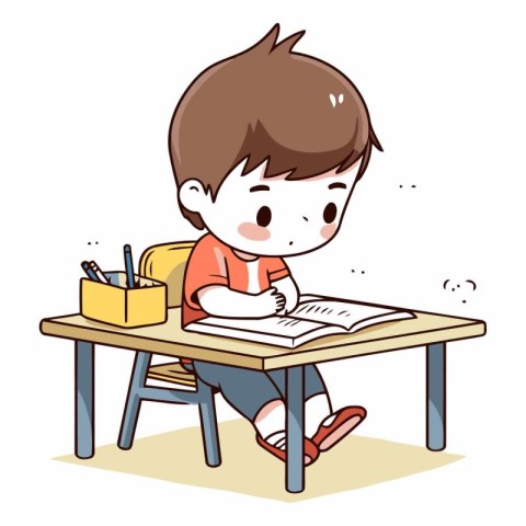 Illustration of a Kid Boy Studying at the School Desk.