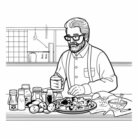 Illustration of a man cooking in the kitchen. Black and white ve