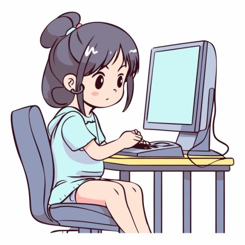 girl working at the computer (illustration of a girl working at