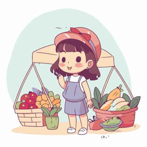 Illustration of a little girl shopping at the market with fruits