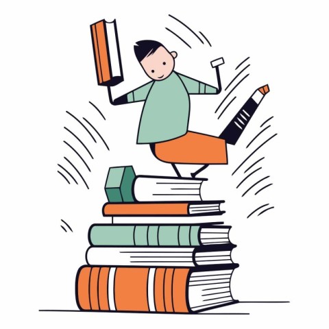 Cartoon schoolboy jumping on pile of books.